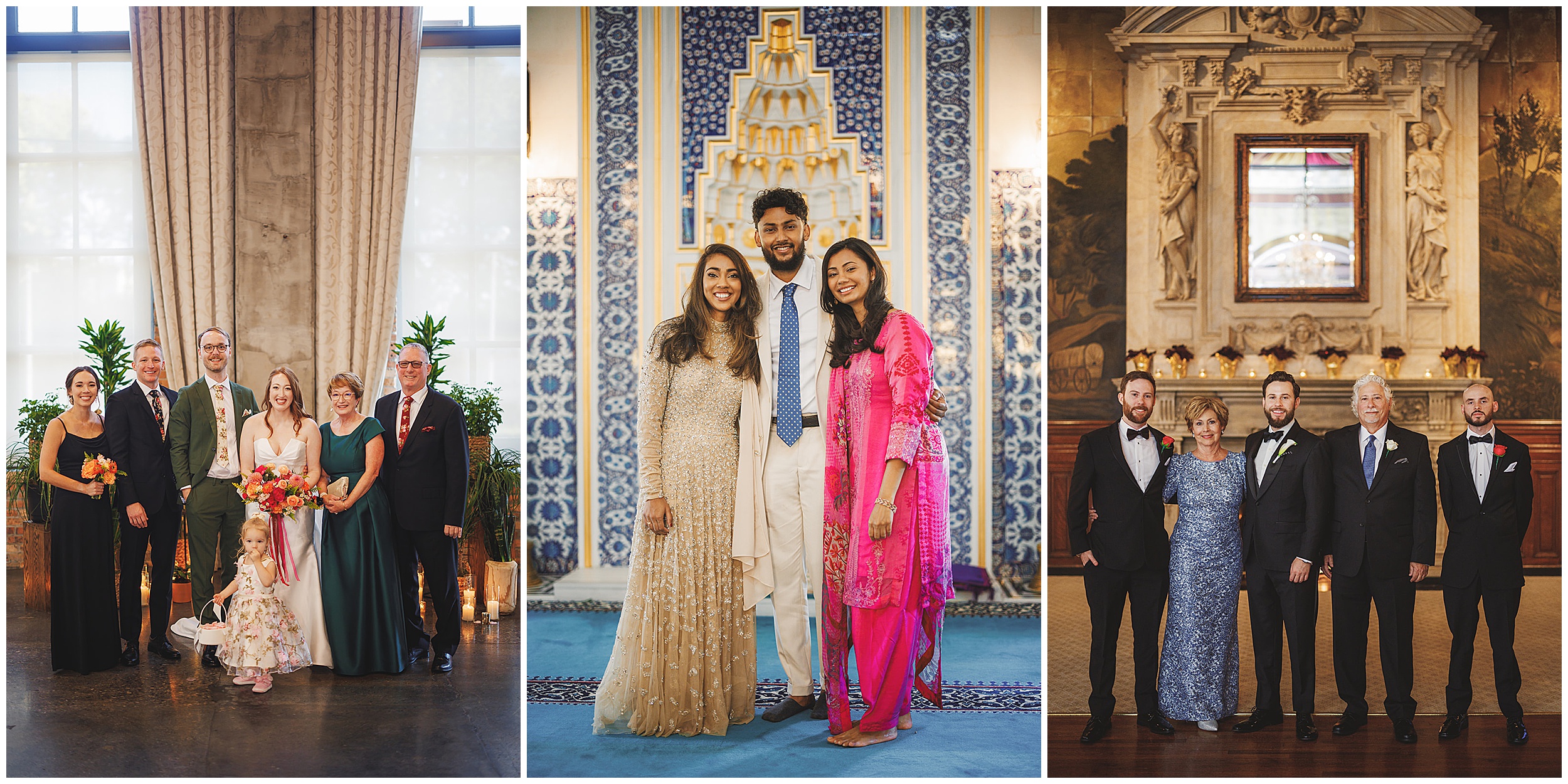 Three separate group photos showing people posing for formal pictures. The left and right groups are indoors with ornate backgrounds, and the center group stands in front of intricate tilework.