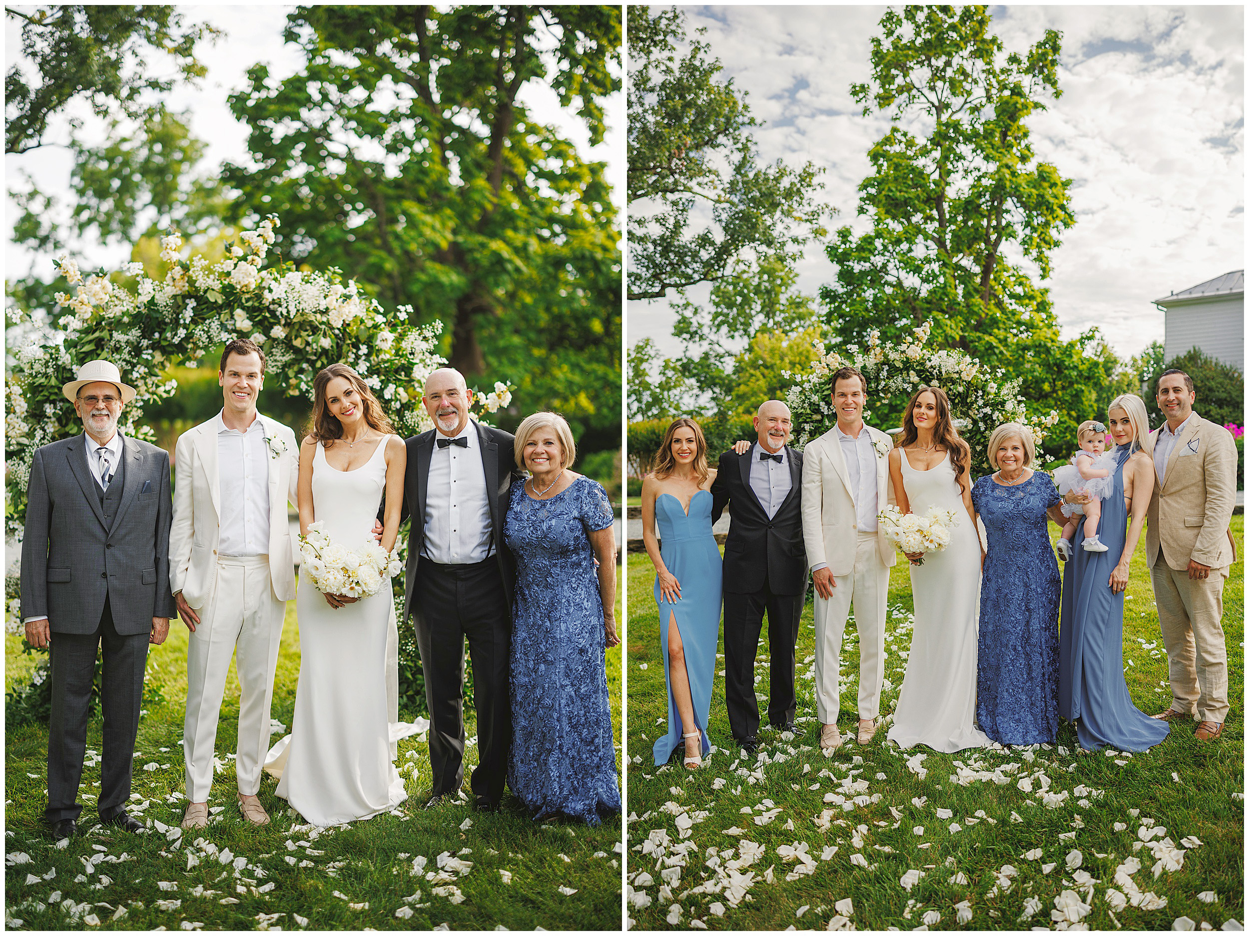 Two photos of a wedding party posing outdoors. The bride and groom are at the center, surrounded by family members. They stand on grass with a floral arch in the background and scattered white petals.